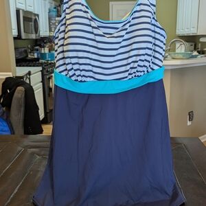 Lands' End Navy and Aqua Under wire Striped Swim Dress